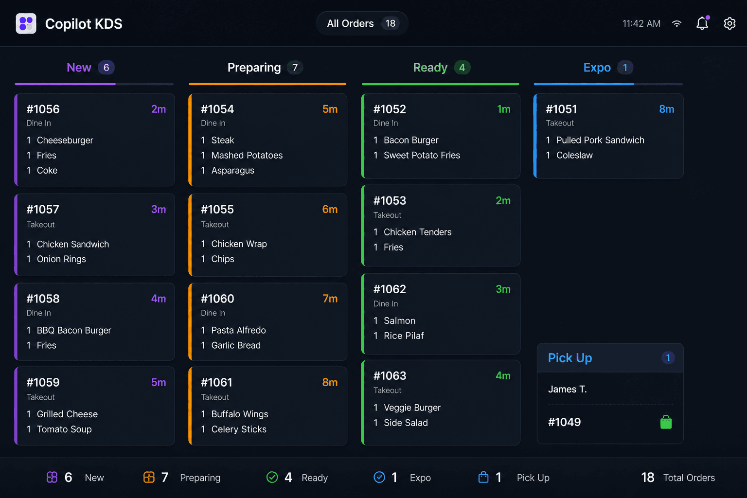 Copilot KDS live orders screen showing active kitchen tickets
